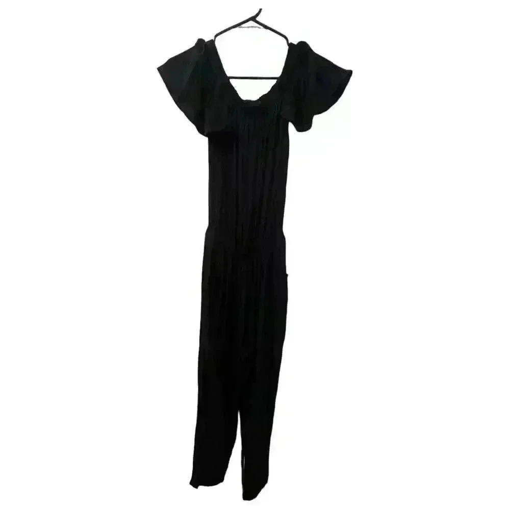 Beachgold Black Off-the-Shoulder Jumpsuit XS Short Sleeve Elastic Waist Pockets - Picture 4 of 7